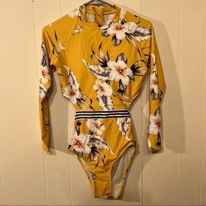 Roxy Yellow floral long sleeve 1 piece, sz S